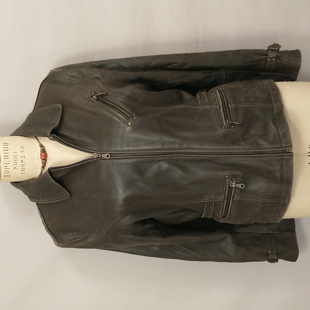 Brown Leather Jacket Casual Moto Zip Pockets & Buckles Soft & Worn Vintage 90's